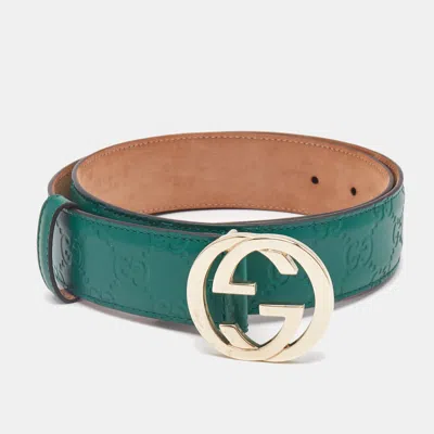 Pre-owned Gucci Ssima Leather Interlocking G Buckle Belt 80cm