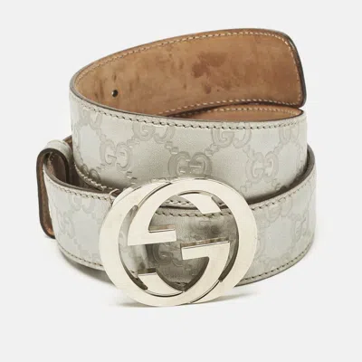 Pre-owned Gucci Ssima Leather Interlocking G Buckle Belt 85 Cm In Silver