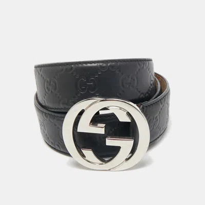Pre-owned Gucci Ssima Leather Interlocking G Buckle Belt 90 Cm