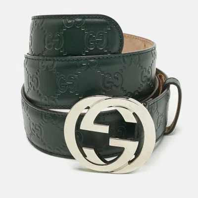 Pre-owned Gucci Ssima Leather Interlocking G Buckle Belt 90 Cm In Green