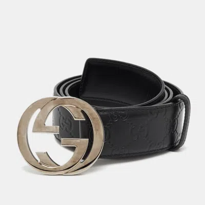Pre-owned Gucci Ssima Leather Interlocking G Buckle Belt 95cm In Black