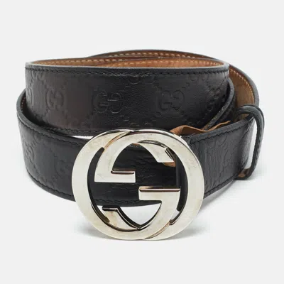 Pre-owned Gucci Ssima Leather Interlocking G Buckle Belt 95cm In Black