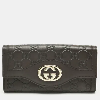 Pre-owned Gucci Ssima Leather Interlocking G Continental Wallet In Brown