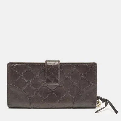 Pre-owned Gucci Ssima Leather Interlocking G Flap Continental Wallet In Brown