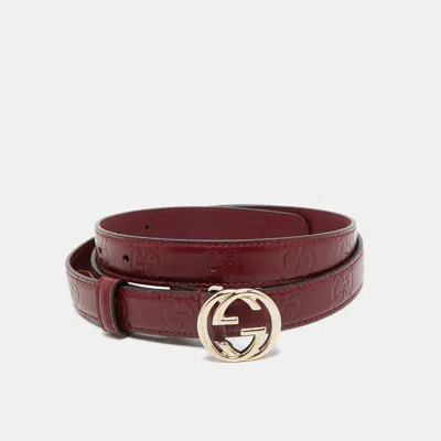 Pre-owned Gucci Ssima Leather Interlocking G Slim Belt 95cm In Burgundy