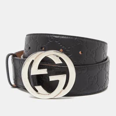 Pre-owned Gucci Ssima Leather Interlocking Gg Buckle Belt 80cm In Black
