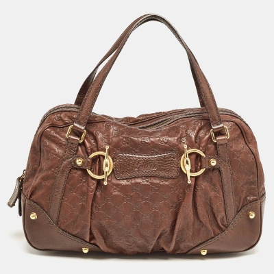 Pre-owned Gucci Ssima Leather Jockey Boston Bag In Brown