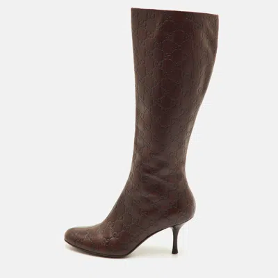 Pre-owned Gucci Ssima Leather Knee Length Boots In Brown