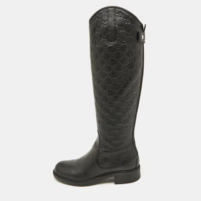 Pre-owned Gucci Ssima Leather Knee Length Boots Size 37.5 In Black