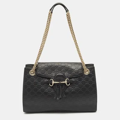 Pre-owned Gucci Ssima Leather Large Emily Chain Shoulder Bag In Black