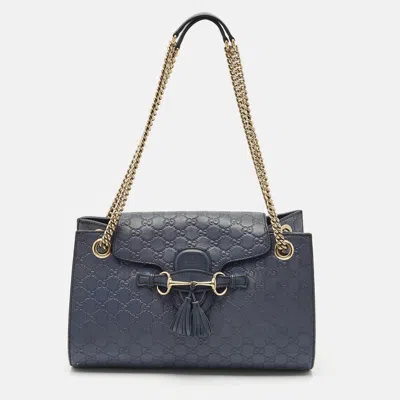 Pre-owned Gucci Ssima Leather Large Emily Chain Shoulder Bag In Blue