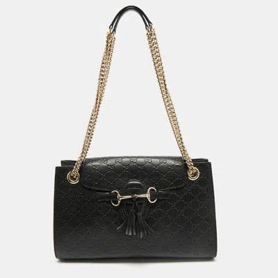 Pre-owned Gucci Ssima Leather Large Emily Chain Shoulder Bag In Black