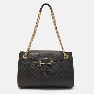 Pre-owned Gucci Ssima Leather Large Emily Chain Shoulder Bag In Black