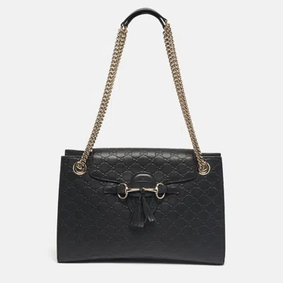 Pre-owned Gucci Ssima Leather Large Emily Chain Shoulder Bag In Black