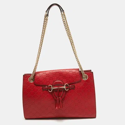 Pre-owned Gucci Ssima Leather Large Emily Shoulder Bag In Red