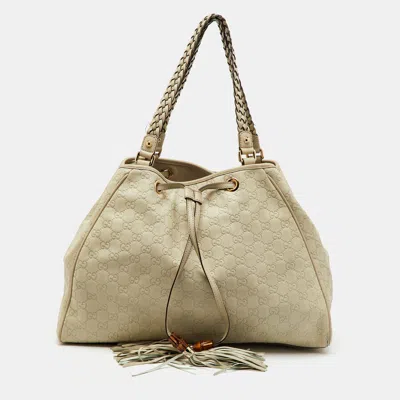Pre-owned Gucci Ssima Leather Large Peggy Drawstring Tote In White