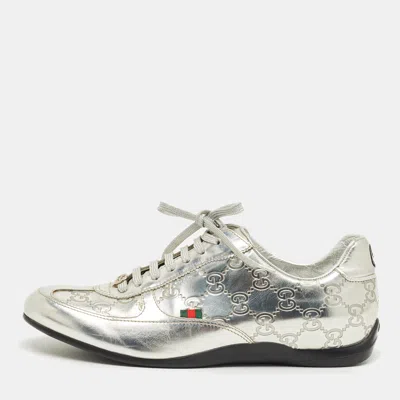 Pre-owned Gucci Ssima Leather Low Top Sneakers Size 37 In Silver