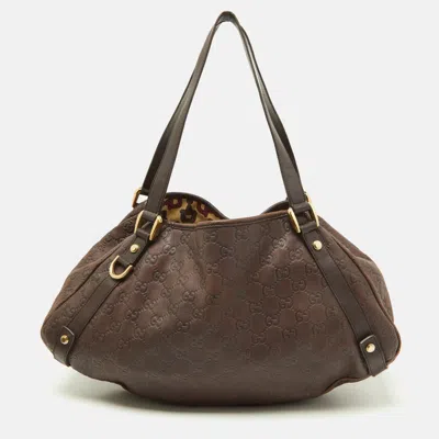 Pre-owned Gucci Ssima Leather Medium Abbey Hobo In Brown