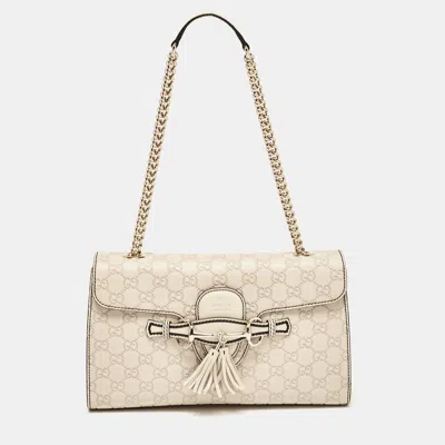 Pre-owned Gucci Ssima Leather Medium Emily Chain Shoulder Bag In Beige