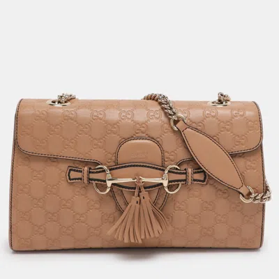 Pre-owned Gucci Ssima Leather Medium Emily Chain Shoulder Bag In Sand