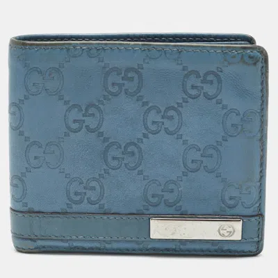 Pre-owned Gucci Ssima Leather Metal Bar Bifold Wallet In Blue