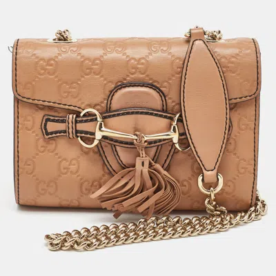 Pre-owned Gucci Ssima Leather Mini Emily Chain Shoulder Bag In Brown