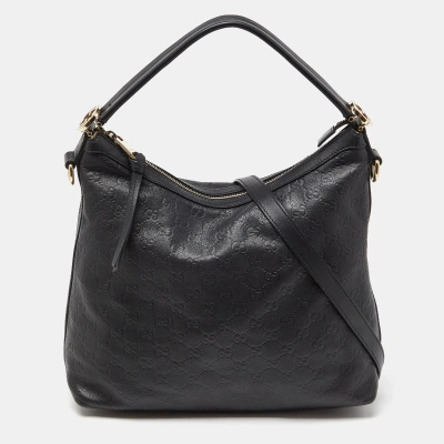 Pre-owned Gucci Ssima Leather Miss Gg Original Hobo In Black