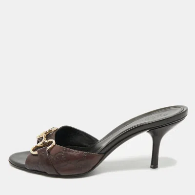 Pre-owned Gucci Ssima Leather New Hollywood Horsebit Mules Size 35 In Brown