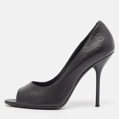 Pre-owned Gucci Ssima Leather Open Toe Pumps Size 38 In Black
