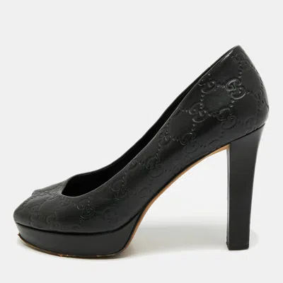 Pre-owned Gucci Ssima Leather Peep Toe Platform Pumps In Black