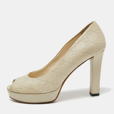 Pre-owned Gucci Ssima Leather Peep Toe Platform Pumps Size 37.5 In White