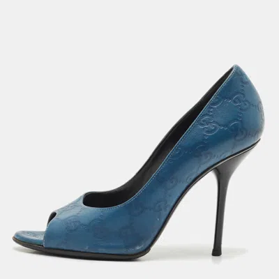 Pre-owned Gucci Ssima Leather Peep Toe Pumps Size 36 In Blue