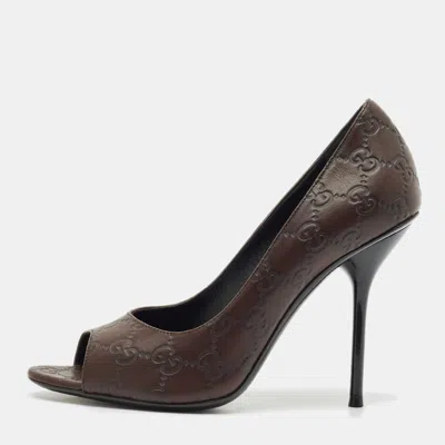 Pre-owned Gucci Ssima Leather Peep Toe Pumps Size 38