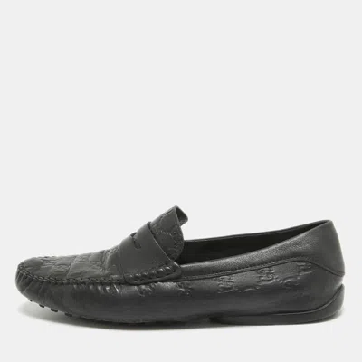 Pre-owned Gucci Ssima Leather Penny Slip On Loafers Size 42.5 In Black