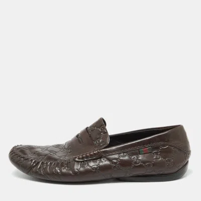 Pre-owned Gucci Ssima Leather Penny Slip On Loafers Size 43 In Brown