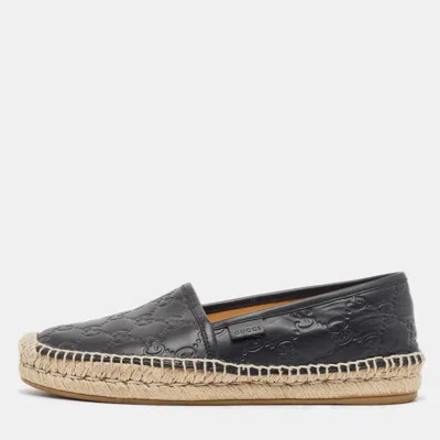 Pre-owned Gucci Ssima Leather Pilar Espadrille Flats Size 36 In Black