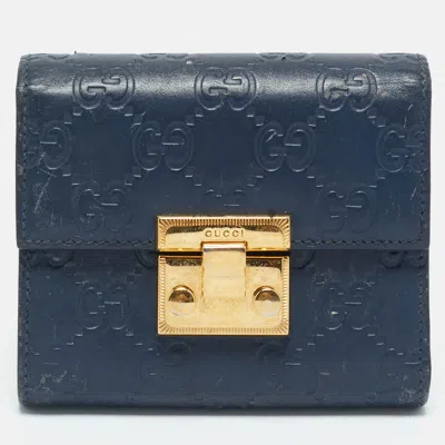 Pre-owned Gucci Ssima Leather Pushlock Trifold Wallet In Blue