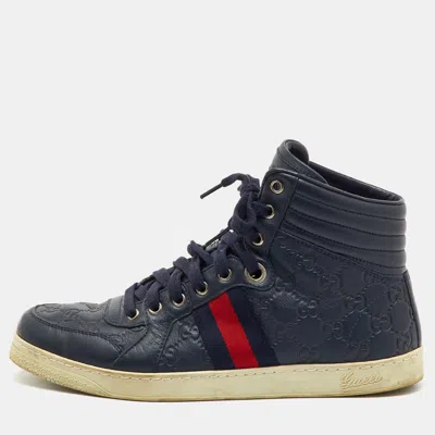 Pre-owned Gucci Ssima Leather Web Detail High Top Sneakers Size 41.5 In Blue