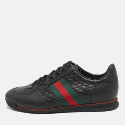 Pre-owned Gucci Ssima Leather Web Detail Lace Up Sneakers Size 42.5 In Black
