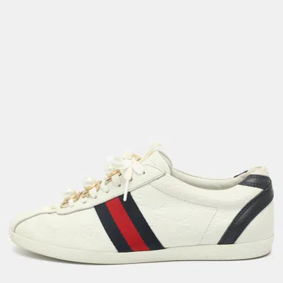 Pre-owned Gucci Ssima Leather Web Detail Low Top Sneakers In White