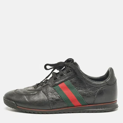 Pre-owned Gucci Ssima Leather Web Low Top Sneakers Size 43.5 In Black