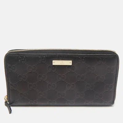 Pre-owned Gucci Ssima Leather Zip Around Wallet In Black