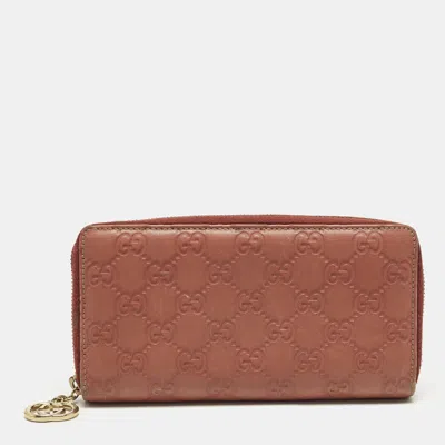 Pre-owned Gucci Ssima Leather Zip Around Wallet In Orange