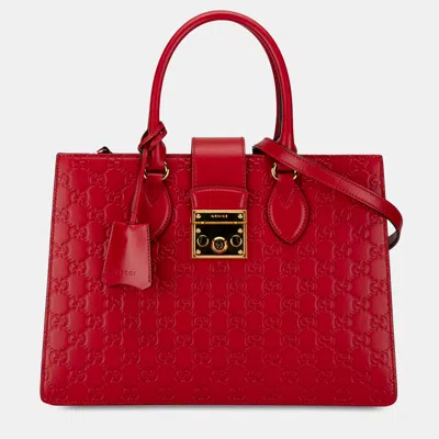 Pre-owned Gucci Ssima Padlock Double Top Handle Bag In Red