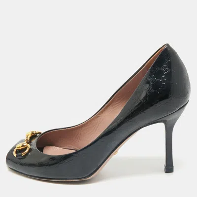 Pre-owned Gucci Ssima Patent Leather Horsebit Peep Toe Pumps Size 36.5