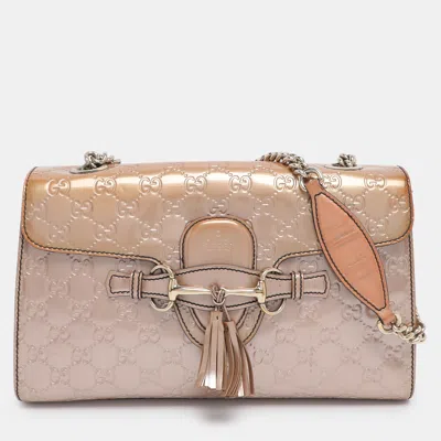 Pre-owned Gucci Ssima Patent Leather Medium Emily Chain Shoulder Bag In Sand