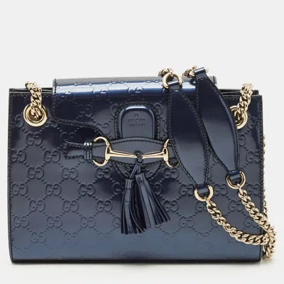 Pre-owned Gucci Ssima Patent Leather Small Emily Chain Shoulder Bag In Blue
