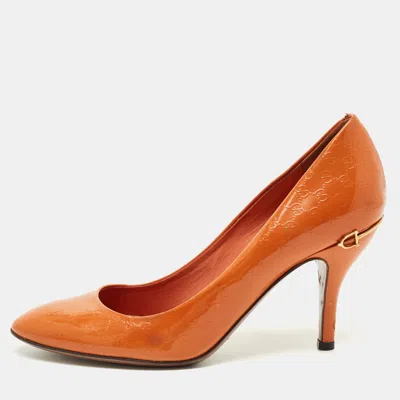 Pre-owned Gucci Ssima Round Toe Pumps Size 37.5 In Orange