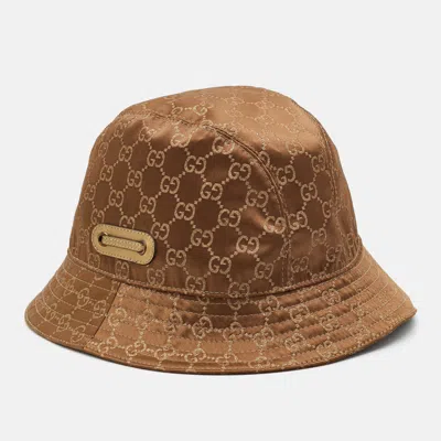Pre-owned Gucci Ssima Satin Bucket Hat L In Brown