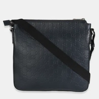 Pre-owned Gucci Ssima Signature Medium Flat Messenger Bag In Blue
